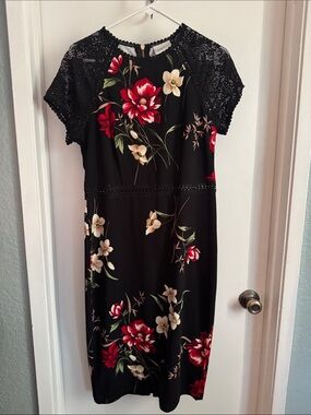 Black Floral Lace Midi Dress with Red & Cream Blooms